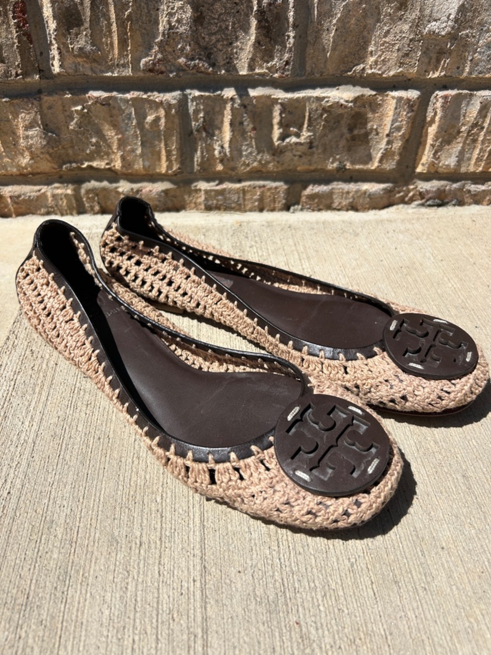 Tory Burch Tan Crochet Leather-Trim Flat Ballets